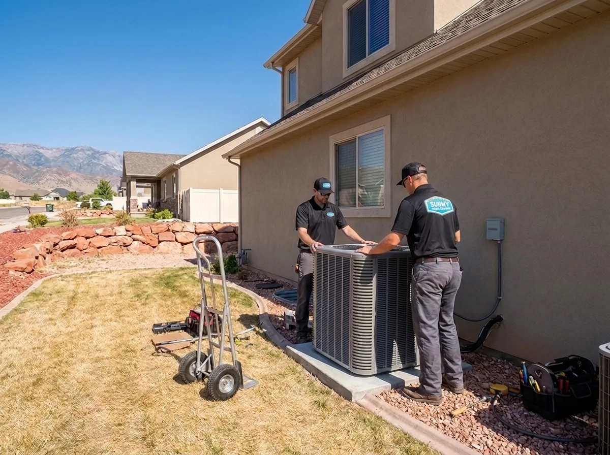 Sunny Home Services technicians installing a new air conditioner