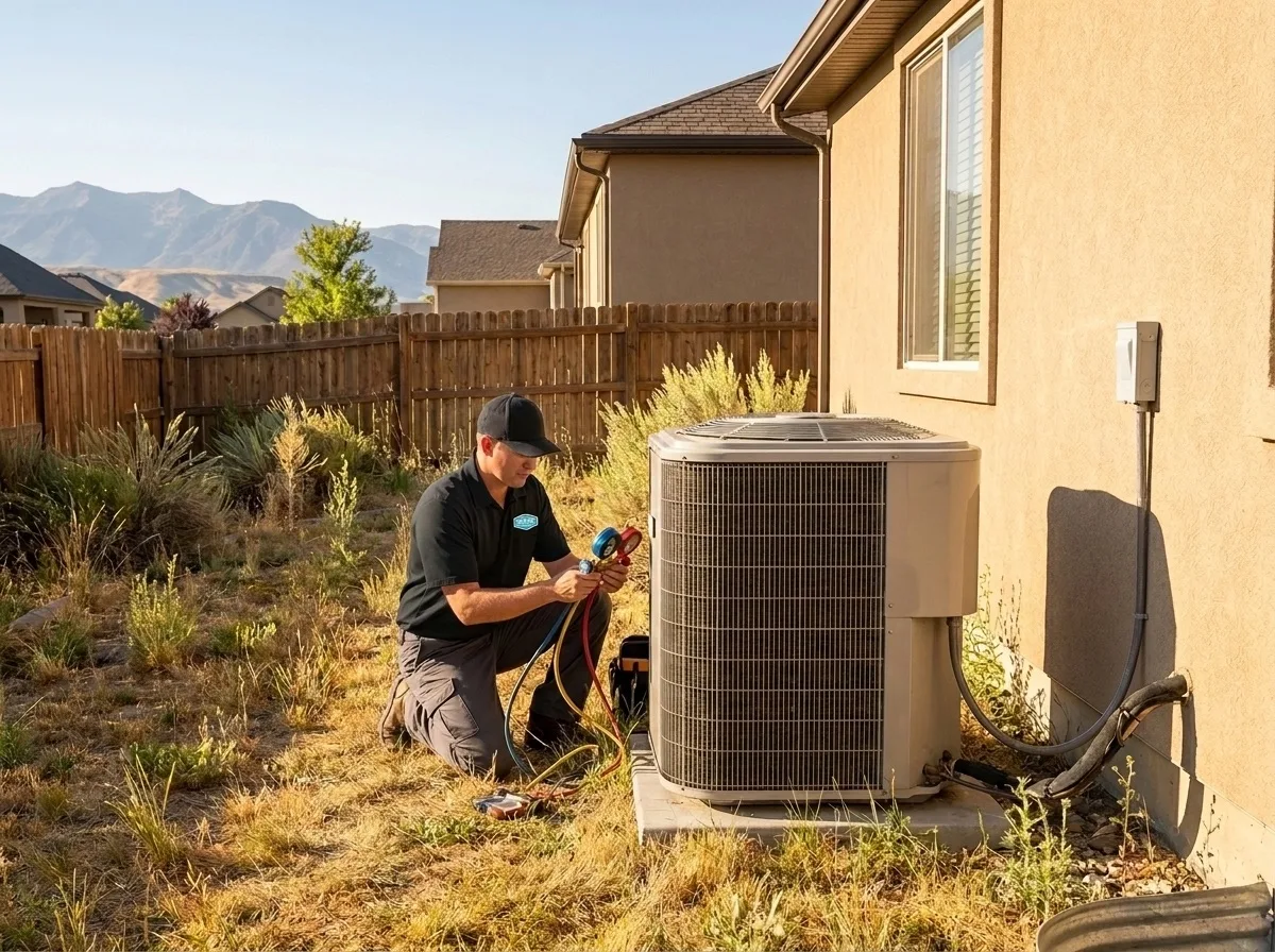 Sunny Home Services technician repairing an air conditioner along the Wasatch Front