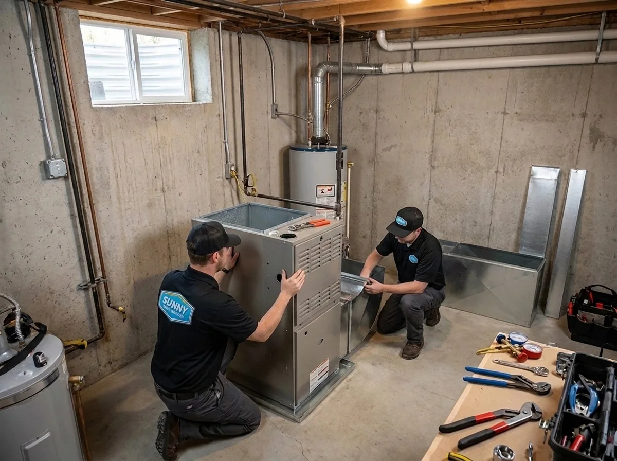 Sunny Home Services technicians installing a new furnace