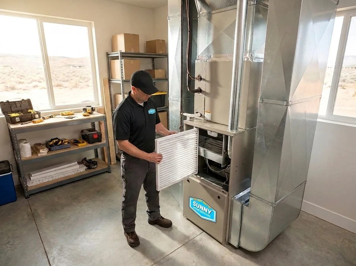 Sunny Home Services technician replacing a furnace filter
