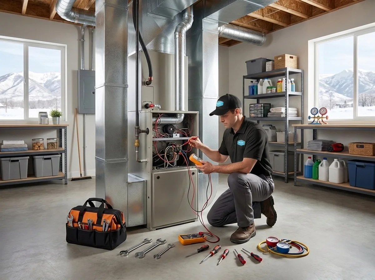 Sunny Home Services technician diagnosing a furnace