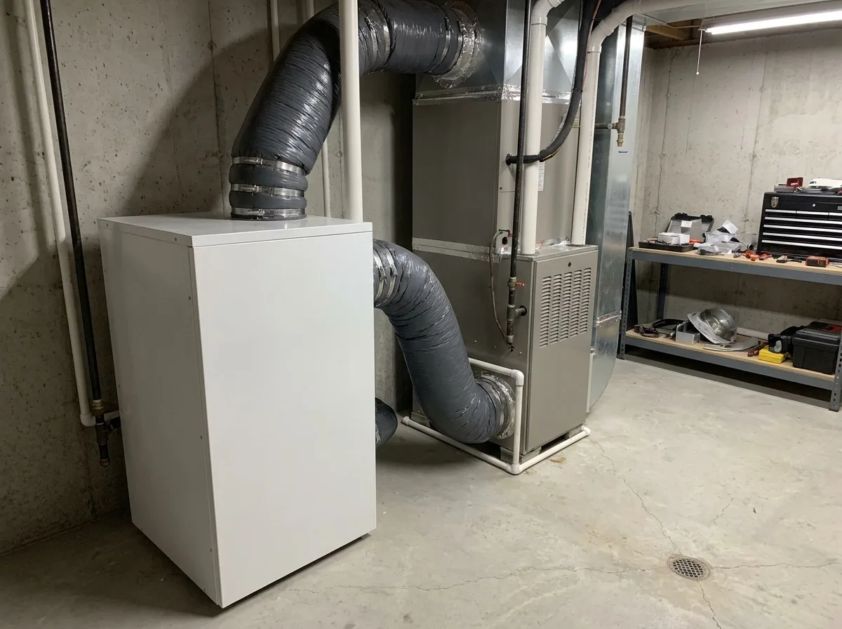 Whole-house dehumidifier beside an HVAC air handler