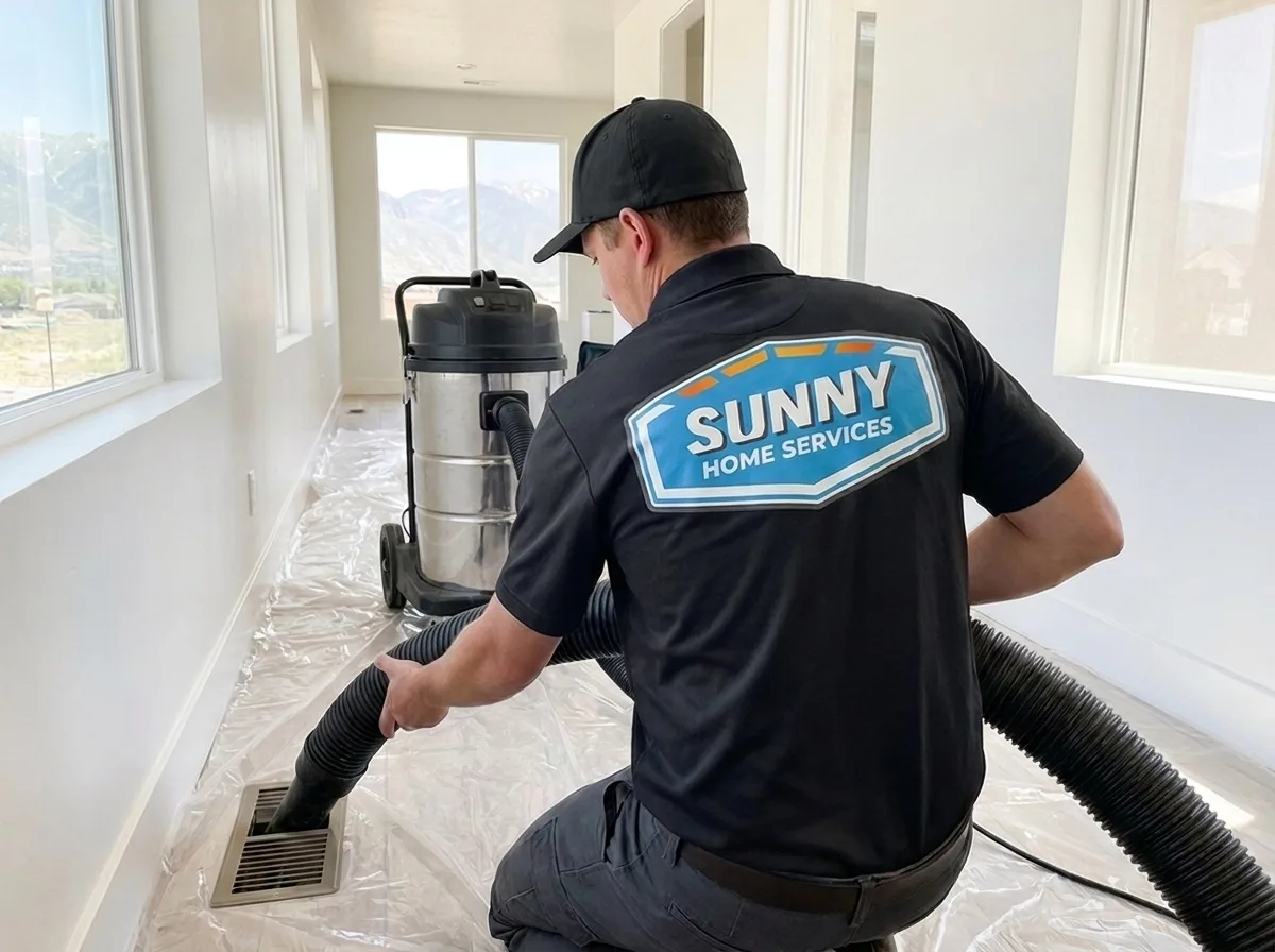 Sunny Home Services technician cleaning air ducts in a Wasatch Front home