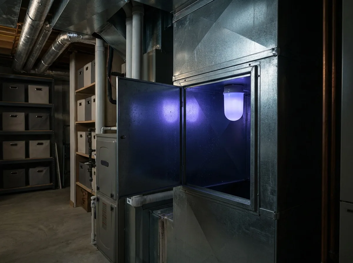 UV germicidal light glowing inside HVAC ductwork