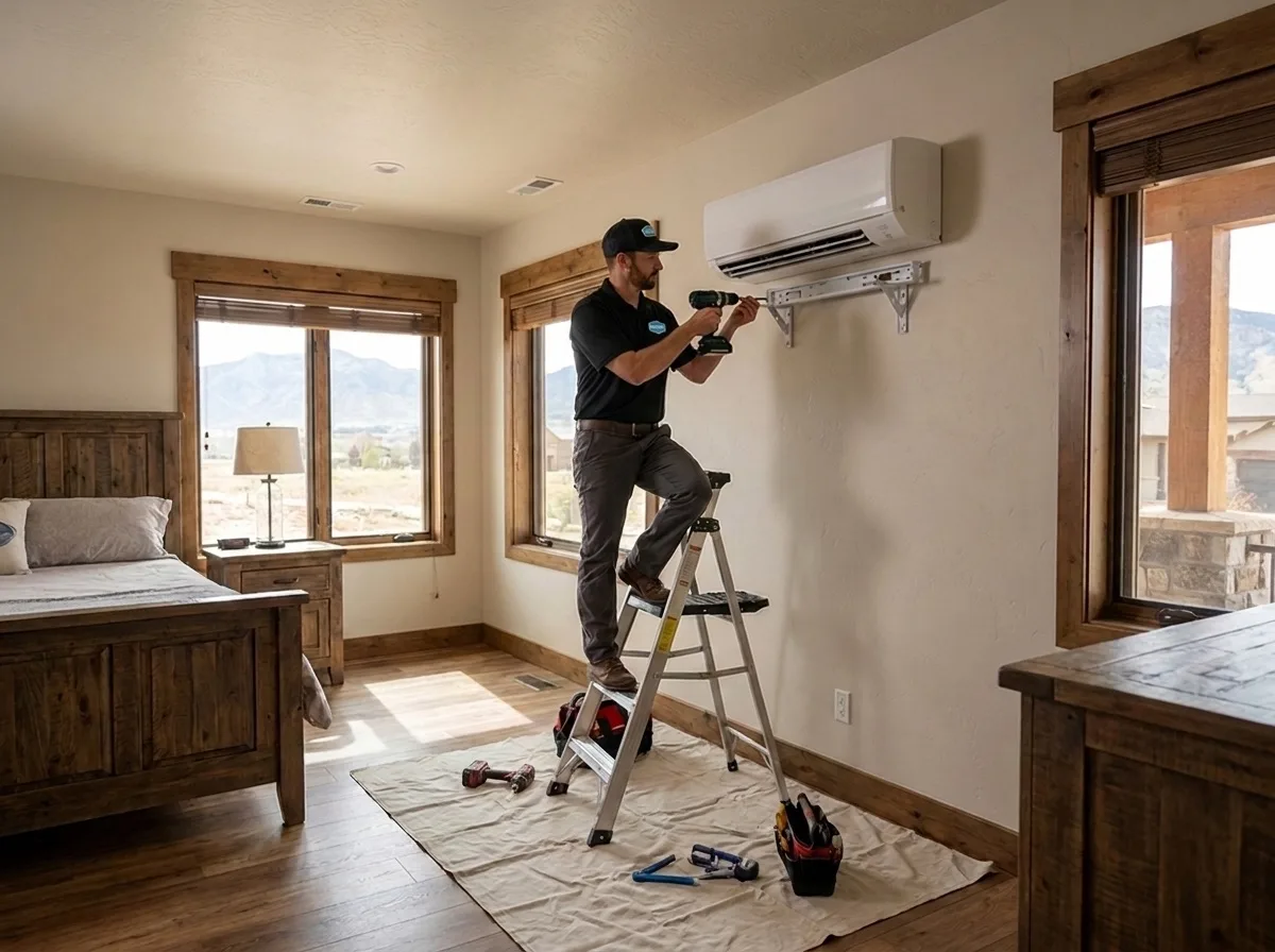 Sunny Home Services technician mounting a ductless mini split indoor unit