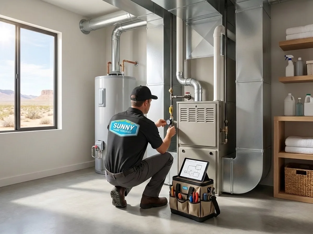 Sunny Home Services technician working on a home heating system