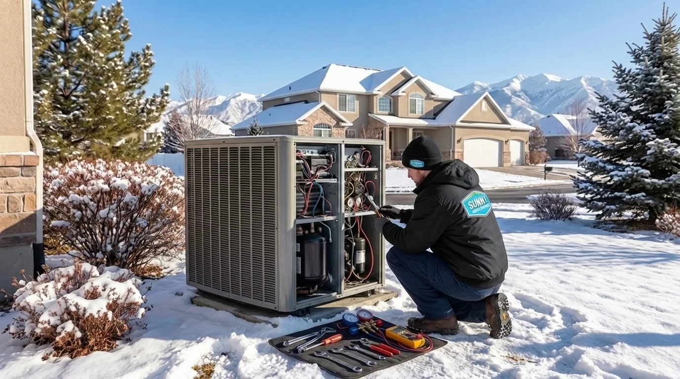 Sunny Home Services technician servicing a heat pump in winter