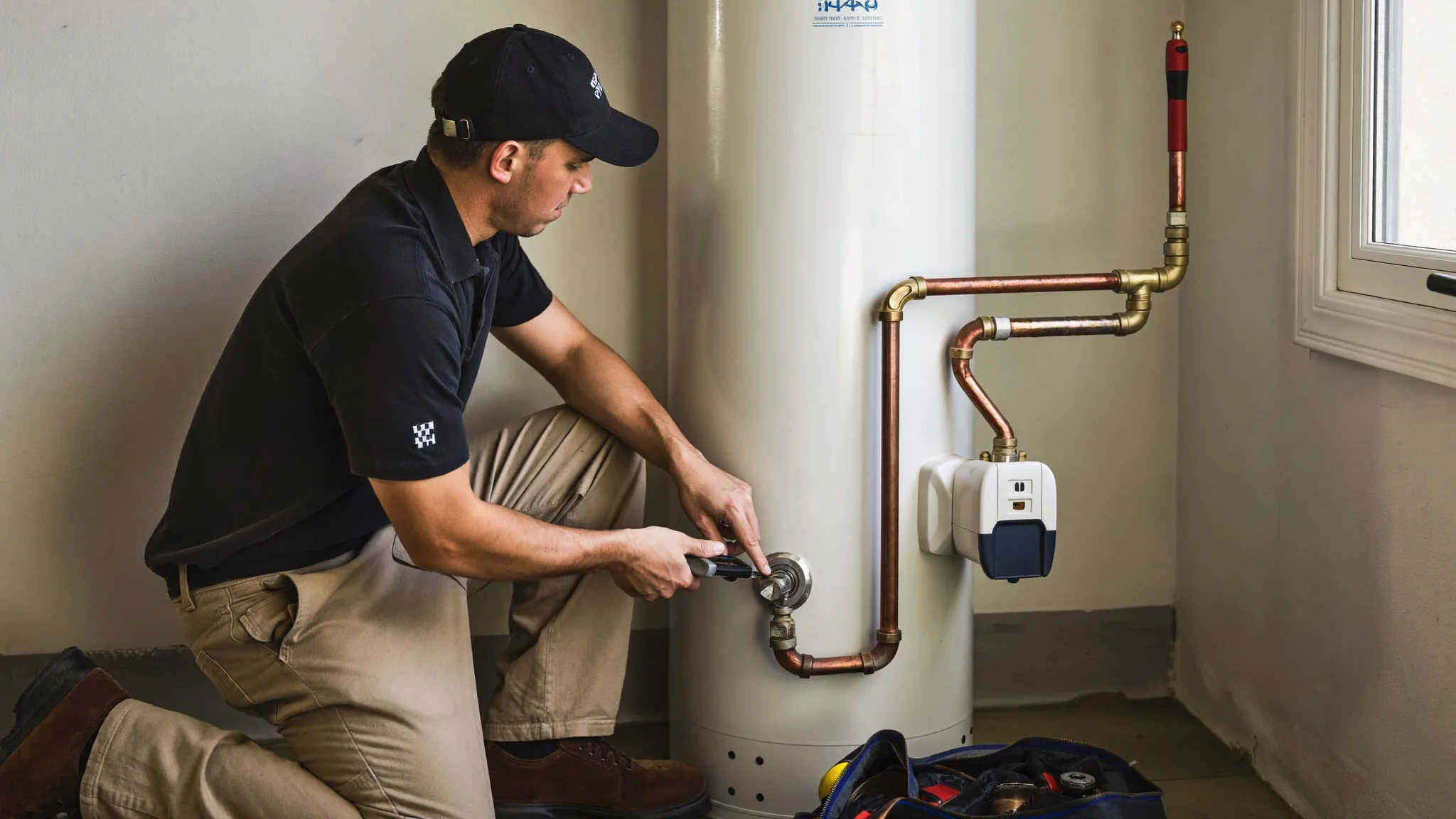 Sunny Home Services plumber installing a water heater along the Wasatch Front