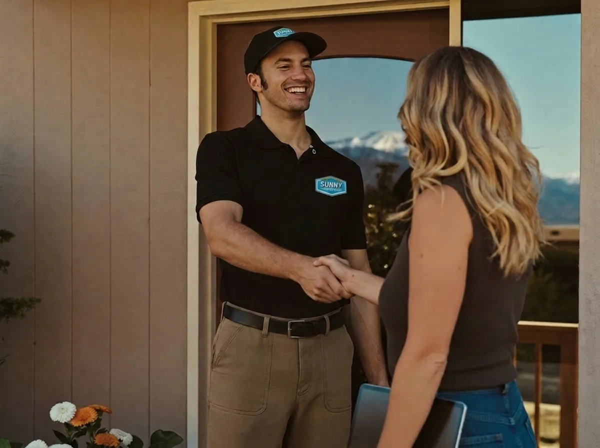 Sunny Home Services technician greeting a homeowner
